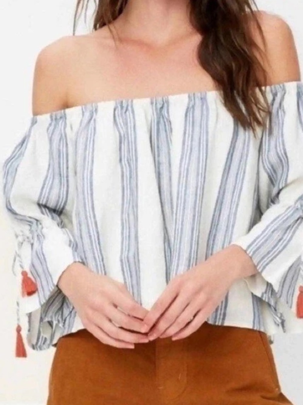 Tularosa Cream and Blue Striped Off-Shoulder Crop Top